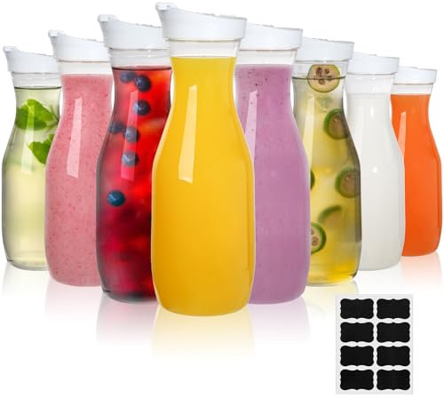 Lawei Paquete de 8 jarras de agua de plástico de 34 onzas, jarra transparente de 1 litro para bebidas con tapa abatible, jarra de cuello estrecho para jugo, agua, té helado, leche, limonada y barra de
