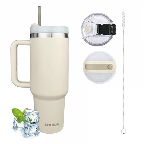 STARLA Termosmugg 1,2 l med handtag och sugrör, 2 lock, läckagesäker, dubbelväggig rostfritt stål, vakuumisolerad mugg, kaffemugg To Go bilmugg, resemugg för varmt och kallt (crème)