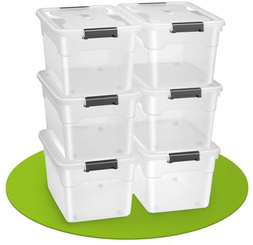 Juskys Aufbewahrungsbox mit Deckel - 6er Set Kunststoff Boxen 45l - Box groß, stapelbar, transparent - Aufbewahrung Ordnungssystem Aufbewahrungsboxen