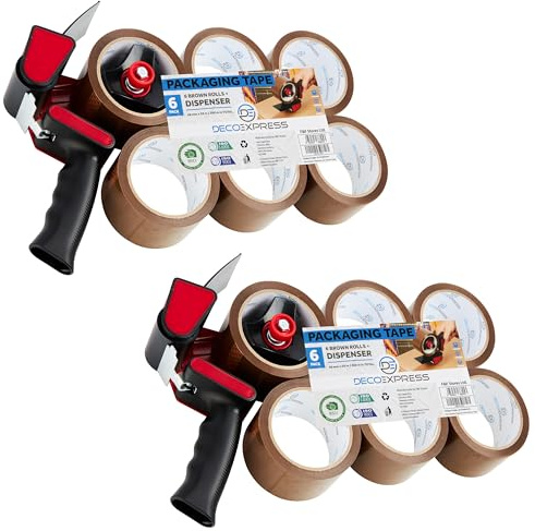 Paketklebeband mit Handabroller Set, Handheld Paketbandabroller und Rollen Paketklebeband zum Verpacken Extra Strong PVC-Klebebändern (Spender Braun, 2er-Pack)