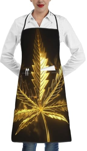 Doffo Bedruckte Schürzen für Frauen mit Taschen, wasserdichte Küchenschürze, Kochschürze, Kochschürze, Golden Cannabis, One size