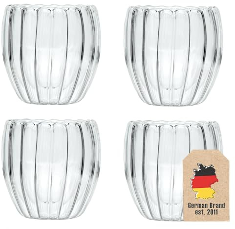 Intirilife 4x Doppelwandige Thermo Gläser -Striped Style- 190 ml Füllmenge - Tassen Set 2 teilig- Schwebeeffekt, Mundgeblasen isoliert für Cappuccino Latte hitzebeständiges Tee Kaffee Glas ohne Henkel