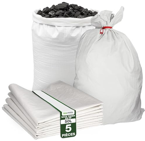 ToolSpace Sac à Gravats PP Tissé, 65×105 cm en Polypropylène 5x Sac Chantier pour Gravier Sable Feuilles Déchets de Construction Jardin - Réutilisable - Résistant 50 kg Sacs a Gravats Toile Tissée