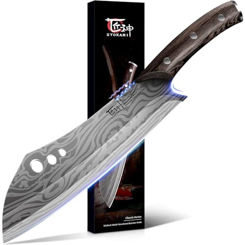 SYOKAMI butcher knife for meat cutting, 10 Inch Cleaver with Herb Stripper, Japanese Style High Carbon Steel Kitchen Chef Knife for Chopping & Slicing, Full Tang Wood Handle, Damascus Pattern