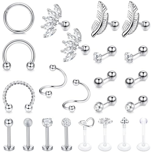 YADOCA 23 Piezas Tragus Piercing Acero Inoxidable Cartilage Conch Helix Piercing Pendientes para Mujeres Chicas Lip Clicker Piercing Oreja Helix Piercing Joyería