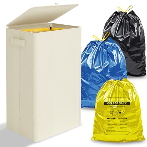 iEGrow Gelber Sack Mülleimer 100L, Mülleimer mit Deckel, Müllsackständer für Gelbe Säcke, Reißverschlussdesign zum einfachen Entfernen, Behälter für Küche & Haushal [Ohne Müllsäcke]