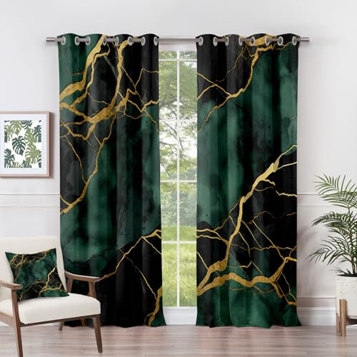 Marble Effect Curtains - Bedroom - Abstract Modern Luxury Blackout Curtains, 90 x 90 Inch (Width x Drop), 2 Panels, Emerald Green and Gold Eyelet