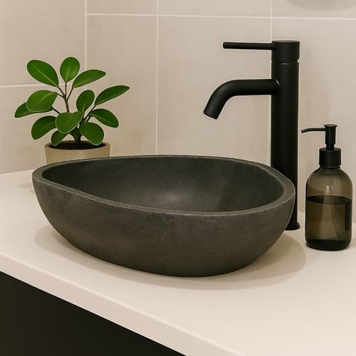 Lendo Online Handfat oval (40–45) x (30–35) cm flodsten - natursten - handfat för badrum - handfat - diskbänk - unik form och färg - polerad och solid (grå, 60–70 x 38–43 cm)
