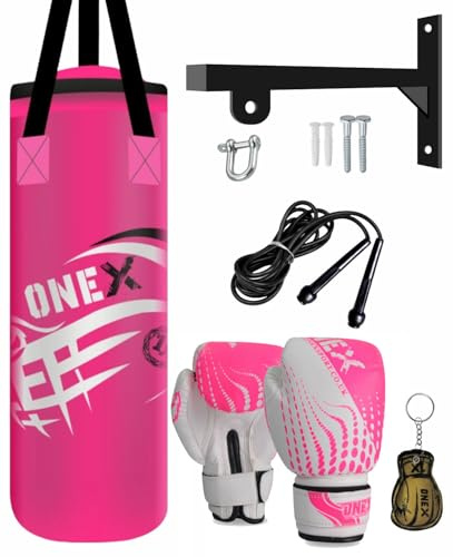 Boxing bag Junior punching bag set punch bags Kickboxing Muay Thai Kids traning bag Gloves MMA Martial Arts 2FT Boxing Set for boys and girls (PINK)
