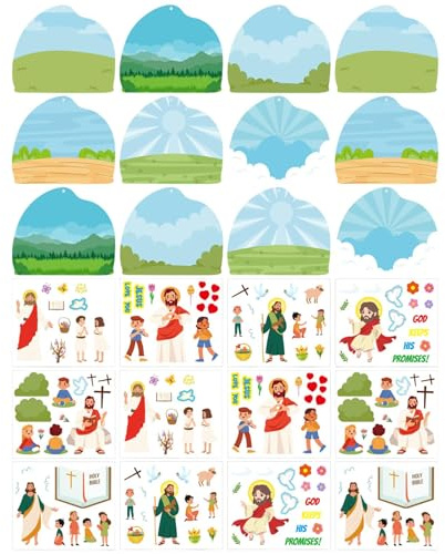 Osterszenen-Bastelarbeiten für Kinder | Jesus-Auferstehungsaufkleber zum Basteln, Set mit 36 ​​Krippen-Auferstehungsszenen-Cartoon-Bastelarbeiten – Heimdekoration