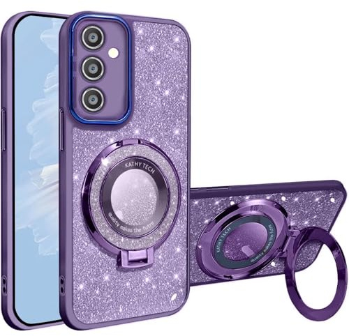 HAONANDE Magnetiskt glitter telefonfodral För Samsung Galaxy S24 + PLUS, Söt bling Glittrande Fodral för Kvinnor Flickor, Ringhållare stativ Mobilskal, stöttåligt klar Case Purpur
