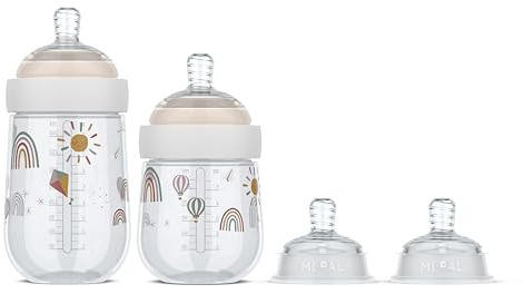 Mepal - Starterset babyflasche Mio - 3-teilig - Anti-Kolik Babyflaschen - Spiralförmiges Design verhindert Verstopfungen - Medizinisches Silikon - Sunshine & Rainbow