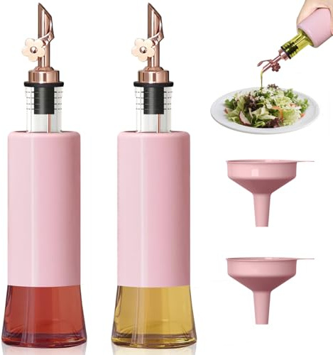 MIAO'ER Olive Oil Dispenser for Kitchen, Oil and Vinegar Dispenser Set of 2, Rose Gold Stainless Steel Spout, Pink Kitchen Decor, 300ml/10oz Kitchen Accessories for Cooking, Salad, Frying