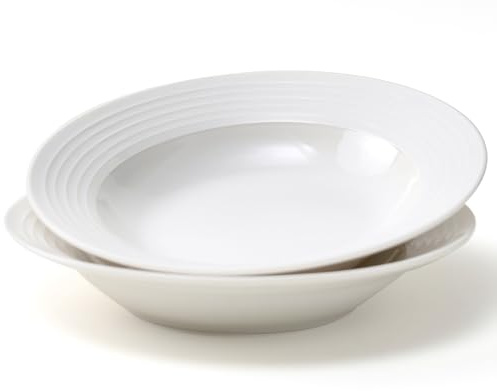 COIKZLY 8.7-inch Wide Rim Ceramic Soup Bowl - Lead-Free White Pasta Bowls for Spaghetti, Salad, Stew, Rice Microwave & Dishwasher Safe - Scratch-Resistant & Heatproof Design Set of 2