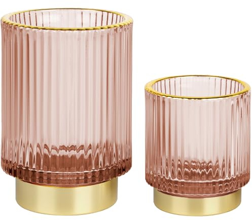 FullMeet Makeup Brush holder Organizer, Crystal Glass Toothbrush Holders, Striped Make Up Brush Holder for Vanity, Pen Holder for Desk, Vase -Pink (S+L)