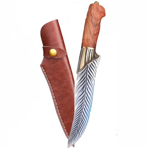 oFzimTo Couteau Cuisine Viking avec Manche en Bois,Couteau à Désosser Tranchant avec étui en cuir,Acier au Carbone Couteaux de Cuisine Japonais Professionnel Collection d'art