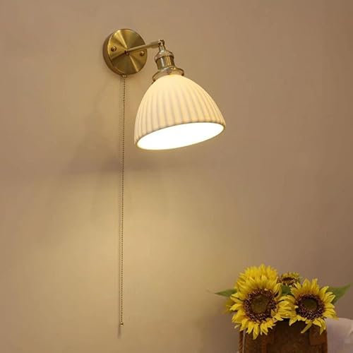 AoLa E27 Wandlampe Innen schwenkba Wandleuchte 3 Farben mit zugschalter Weiße Keramik Lampenschirm Nachttischlampe Industrial Metall Vintage Messing Wand für Schlafzimmer Wohnzimmer Treppen