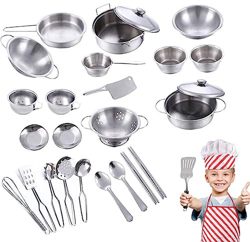 25Pcs Kids Pretend Play Kitchen Accessories Set Stainless Steel Kids Pots and Pans Playset Cooking Utensils Set Mini Play Kitchen Accessories for Boys Girls Toddlers Holiday Birthday Gifts