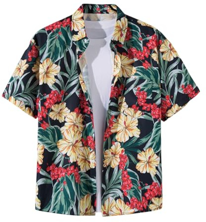 Camisa Hawaiana Hombre,Camisas Hawaiana de Manga Corta con Impresiones de Plantas Coloridas para Hombres Camisa Casual Vintage de Verano Tropical para Playa Camisas Hombre Manga Corta