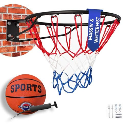 DreamHoops Basketballkorb Outdoor Wandmontage, Ø45cm Ring Mit Federung, Basketballnetz für Kinder (Basketballkorb mit Ball & Pumpe)