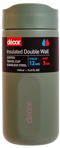 Décor 340ml Insulated Travel Cup - Double Wall Stainless Steel Coffee Mug with Leakproof Lid, Button Press Spout, 3h Hot / 12h Cold - Sage