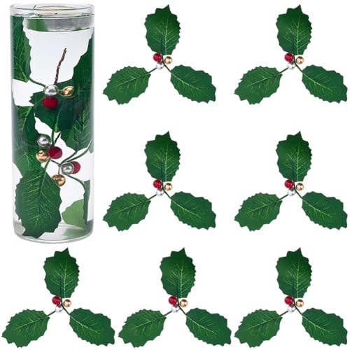 SUNNYCLUE 45 pieza de Hojas Artificiales de Acebo Navideño, Hojas Verdes A Granel, Bonitas Bayas de Imitación Plateadas Y Rojas, para Corona, Decoración para Árbol de Navidad, Manualidades, Tartas, Fi