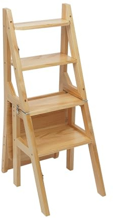 WooDerson Trittleiter 4 Stufen Klappbarer Bibliotheksleiter Aus Massivholz Faltbarer Leiterstuhl aus Holz Multifunktionale Blumenständer und Klapphocker, Bis 100 kg Belastbar (Holzfarbe)