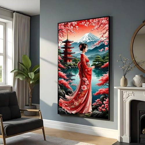 TONGYINLI Tableau sur toile représentant une élégante geisha en kimono rouge, paysage de cerisiers japonais, pour une décoration intérieure culturelle (60 x 105 cm/sans cadre)