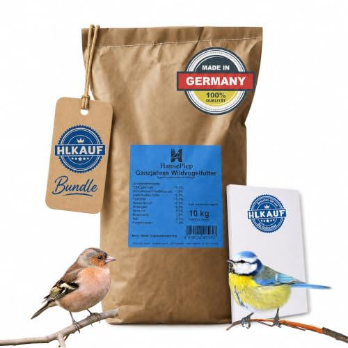 HansePiep Wildvogelfutter 10kg schalenlos Ganzjahresfutter – energiereiche Futtermischung für Vögel & Wildvögel – Vogelfutter für Futterstelle Garten & Balkon - Made in Germany & HLKauf-Block