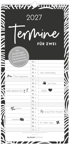 Termine für 2 Black and White 2027: Familienplaner 22x45 cm mit 2 Spalten, Stickerbogen, Schulferien & Jahresübersicht, ideal für Paare