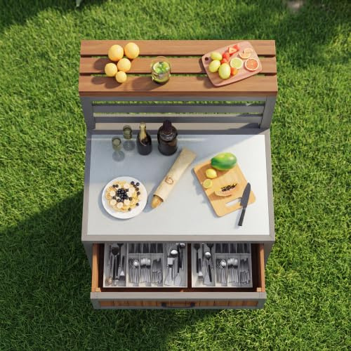 eisaro Gartenschrank Massivholz Tanne mit Edelstahl-Arbeitsplatte & Schublade – kippsicher, doppelte Ablage, wetterfest für Terrasse & Grillstation, Natur, 80 x 72,5 x 123 cm