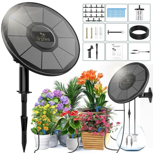 TRJZWA Solar Irrigation Kit with Alarm, Automatic Drip Watering System | Programmable Solar Watering Kit with Early Warning, 15m Hose & 15 Drippers for Balcony/Greenhouse/Garden/Holiday Plant Care