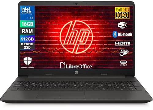 HP 250R G9, Computer Portatile Notebook, Intel 5-120u 10 Core 1.4Ghz, Display 15.6'' FHD, Ram 16GB, SSD 512GB, Windows 11, Pronto all'uso con Libre Office