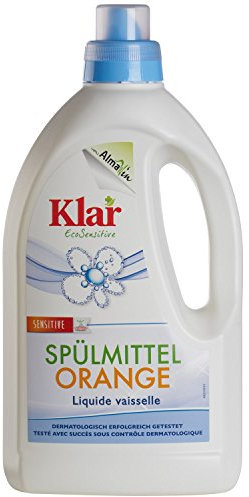 Clear Organic Washing Up Liquid with Orange Fragrance 1.5 L - Powerful Dishwasher Liquid with High Grease Dissolving Power - Skin-friendly Rinse Concentrate in Recycled Bottle - Vegan Dish Soap