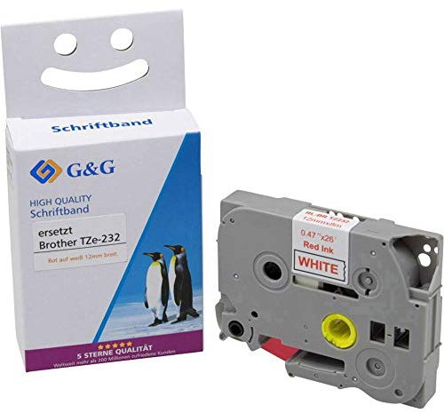 G&G Kompatibles Schriftband für Brother TZe-232 Rot auf Weiß 12mm x 8m Etikettenband für Brother P-touch H105 H110 1000 1005 1010 1280 D400 PT-H105 PT-H110