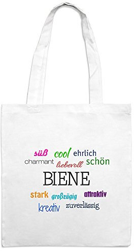 Jutebeutel mit Namen Biene - Motiv Positive Eigenschaften - Farbe weiß – Stoffbeutel, Jutesack, Hipster, Beutel