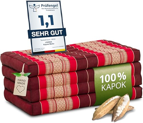 livasia Nachhaltige Klappmatratze aus Kapok - 200x80x8cm - Gästematratze, Faltbare Matratze für Van, ökologische Yogamatte, klappbares Gästebett, Liege für Garten und Balkon (Rubinrot)