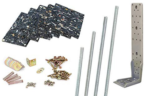 Basis Zubehörset L zur Montage und Befestigung von Gartenhäuser, 200x Unterlagepads als Feuchtigkeitssperre, Sturmwinkel zur Windsicherung, Windverankerungsset, Gewinde-Spanner für Blockbohlen