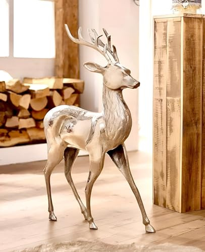 Dekoleidenschaft große Figur Hirsch aus Aluminium, Silber glänzend, edle Skulptur, 65 cm hoch, Tierfigur stehend, Wohnzimmer Deko