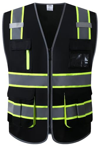 JKSafety 10 fickor klass 2 hög synlig reflekterande säkerhetsväst dragkedja framtill stora bakfickor andas och nätfoder, Svart-sf07, L