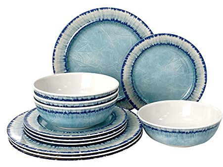 AELS Juego de vajilla de melamina de 12 piezas para uso en interiores y exteriores, apto para lavavajillas, ligero, irrompible, sin BPA, color azul claro