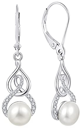 JO WISDOM Kvinnors oändliga pärlörhängen, 925 sterling silver fjäril spakback dinglande & droppe örhängen med 3A kubisk zirkonia, Pearl, Kubisk zirkonia