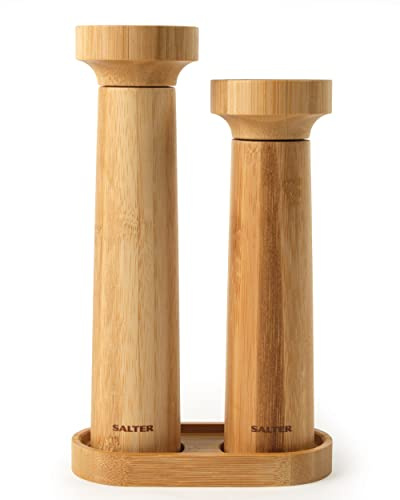 Salter 7614 WDXR Eco Salz- und Pfeffermühlen-Set aus Bambus mit Ständer, Twist- und Mahlmechanismus, Gewürzmühle mit Keramikmahlwerk, feines bis grobes Mahlen, BPA-Frei, Bambus, 60g Salz/30g Pfeffer