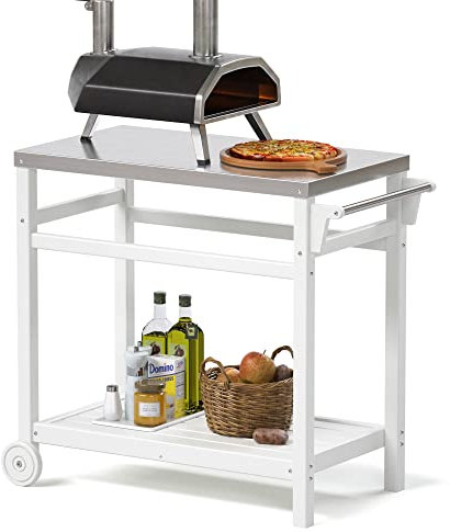 TORVA Carrello mobile per forno per pizza, tavolo da pranzo con piano in metallo in acciaio inossidabile, supporto per barbecue per cucina, patio, cortile, giardino, colore bianco