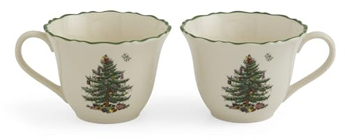Spode Christmas Tree Punch Cups - Set of 2 Holiday Mugs for Espresso, Tea, Coffee - 8 Oz Porcelain Cups with Scalloped Rim, Christmas Design - Microwave & Dishwasher Safe