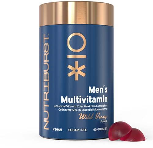 Nutriburst Men’s Multivitamin - Immune System Function & Mental Performance - Contains 16 Micronutrients; B2, B3, B5, B6, B12, A, C, D - Vegan Sugar Free Supplement - 60 Berry Gummies - 1 Month Supply