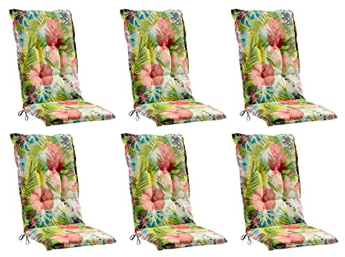 Home4You Gartenstuhlauflagen Hochlehner 6er Set - 120 x 50 cm - Mehrfarbig - Baumwolle - Polyester - Blumenmuster - Sesselauflage Sitzpolster Stuhlauflage