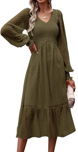 PRETTYGARDEN Women's Fall Dresses 2025 Long Sleeve V Neck Swiss Dot Smocked Ruffle Midi Dress Boho Chiffon Flowy Long Dress (Army Green,Medium)
