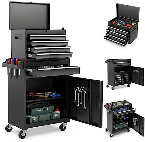 COSTWAY 2 in 1 Werkstattwagen inkl. Koffer & 8 Fächer & Haken & verstellbarem Regal, Werkzeugwagen Abschließbar auf Rädern ohne Werkzeug, Profi Werkstatt-Wagen Metall 100 kg Tragkraft, 59x28x102cm