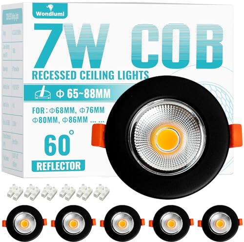 Wondlumi 6X 7W LED Downlights for Ceiling COB Ultra Slim Recessed Ceiling Lights Cool White 5000K, 240V 600lm Round Black Downlight for Bathroom Living Room Bedroom, Cutout Ø65-88mm